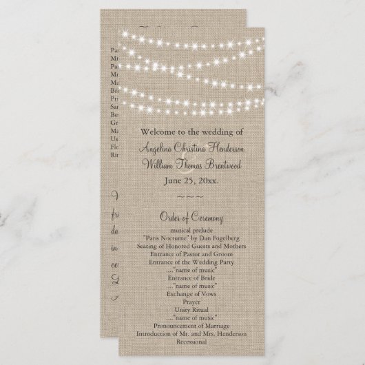 Onder Twinkle Lights op Burlap Wedding Program Programma (Voorkant / Achterkant)