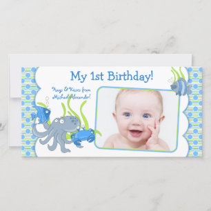 Onder Zee Critters Boy 1st Birthday Fotocard Aankondiging