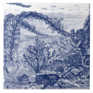 Onder Zee Dark Blue Ocean Scene Octopus Mural PC#5 Tegeltje