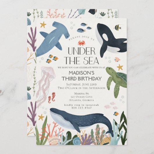 Onder Zee Geslacht Neutrale Verjaardagsuitnodiging Kaart (Voorkant / Achterkant)