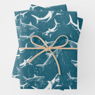 Onderdruk Blauw Shark Patroon Inpakpapier Vel