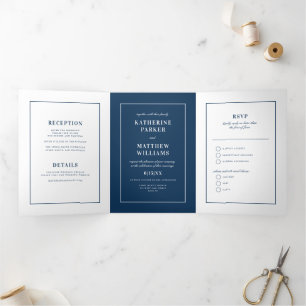 Ondergewaardeerde elegantie Navy Blue All-in-One W Drieluik Uitnodiging