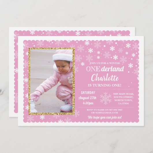 Onderland Winter Pink Snowflakes Foto Wonderland Kaart (Voorkant / Achterkant)