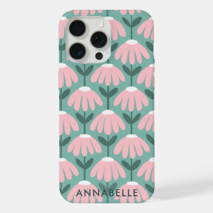 Onderste monogram naam roze groen vintage bloem iPhone 15 pro max hoesje
