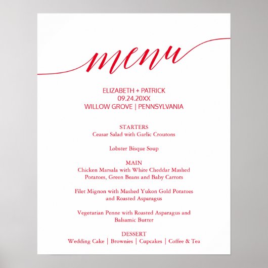 Onderteken Elegant Red Calligraphy Wedding Menu Poster (Voorkant)