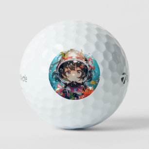 Onderwater anime meisje met koraal bedekte helm golfballen