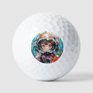 Onderwater anime meisje met koraal bedekte helm golfballen