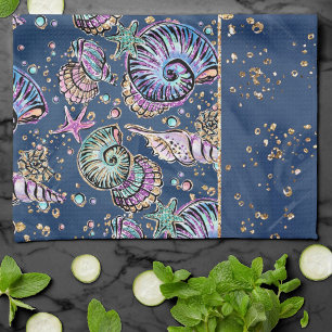 Onderwater Blue Luxe   Pastel gouden schelpen Theedoek