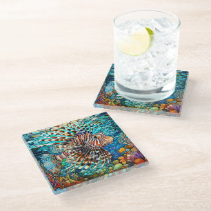 Onderwater Leeuw vis Glas in lood kunst Glazen Onderzetter