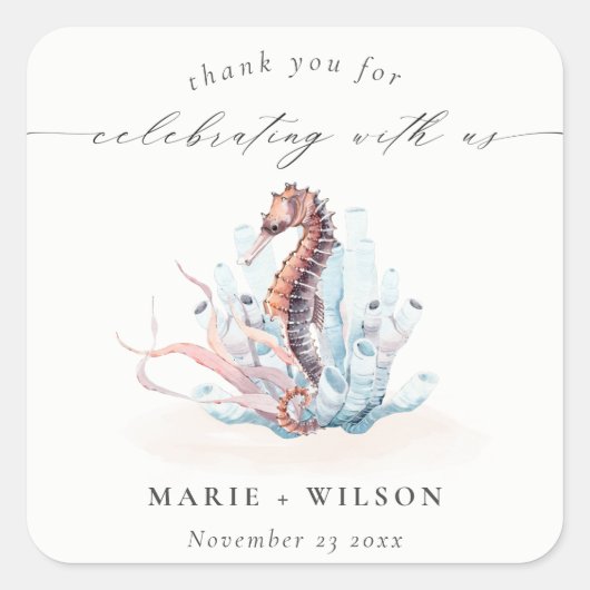 Onderwater Seahorse Seaweed Coral Wedding Vierkante Sticker (Voorkant)