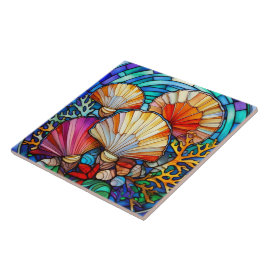 Onderwater zeeschelpen en koralen gebrandschilderd tegeltje