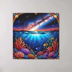 Onderwaterkoralen met sterrenhemel erboven canvas afdruk