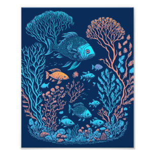 Onderwaterlandschap kleurrijke vissen en koraalrif foto afdruk