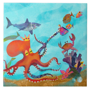 Onderzee Octopus Adventure Ceramic Kitchen Tile Tegeltje