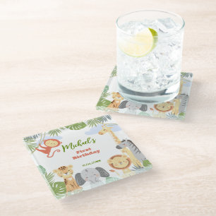 Onderzetter 1e Verjaardag met schattige beesten. Glazen Onderzetter