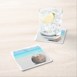 Onderzetter, papier - Waterverf strand Kokosplein  Vierkante Kartonnen Onderzetter