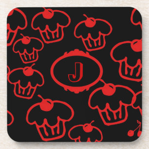Onderzetter set van 6, monogram, rode cupcakes op 
