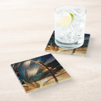 Onderzetter van blauwgroen en goudglas glazen onderzetter