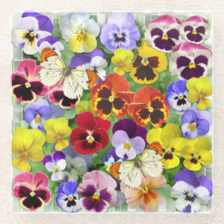 Onderzetter van pansies en vlinders glazen onderzetter
