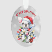 Ondeugende witte Franse Bulldog in decoraties (voorkant)