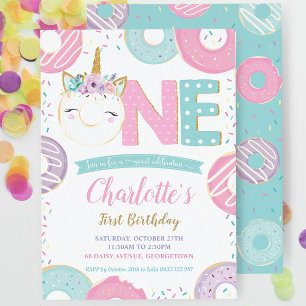 ONE 1st Birthday Unicorn Donuts Doughnoten Pastel Kaart