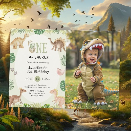 One A-Saurus 1st Birthday Photo Invitation Kaart