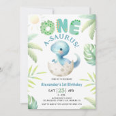 One A-Saurus Boy Dinosaur 1st Birthday Invitation Kaart (Voorkant)