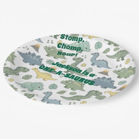 ONE-A-SAURUS Dinosaur Pattern Paper Plates Papieren Bordje (Gekanteld)