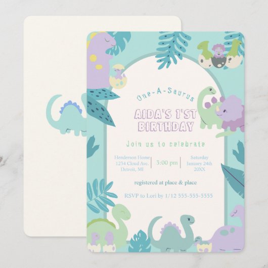 One-A-Saurus-dinosaurus verjaardagsuitnodiging Kaart (Voorkant / Achterkant)