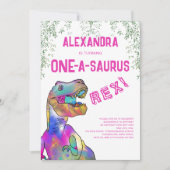 One-A-Saurus Roze Dinosaurus 1e Verjaardagsfeest Kaart (Voorkant)