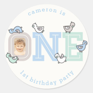 ONE Blue Baby Ducklings 1e verjaardagsfeestje Stic Ronde Sticker