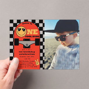 One Cool Dude 1e Verjaardag Skateboard Foto Acryl Uitnodigingen