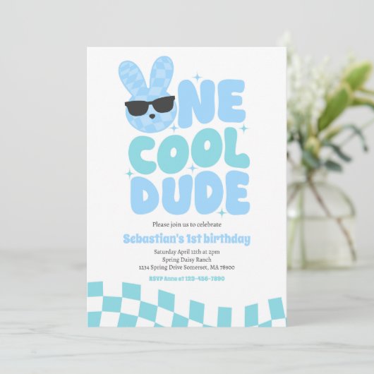 One Cool Dude Boy Spring Bunny 1e verjaardagsfeest Kaart (Staand voorkant)