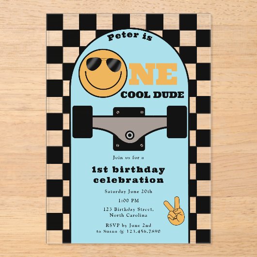 One Cool Dude Invite 1st First Birthday Skateboard Acryl Uitnodigingen (Voorkant)