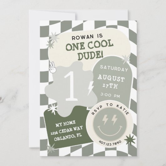 One Cool Dude Retro Checkerboard 1e verjaardag Kaart (Voorkant)