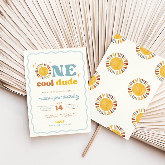 One Cool Dude Retro Sun First Birthday Invitation Kaart