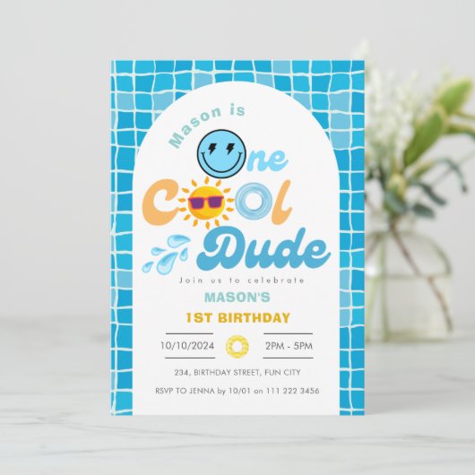 One Cool Dude Summer Pool Party 1e verjaardag Kaart (Staand voorkant)