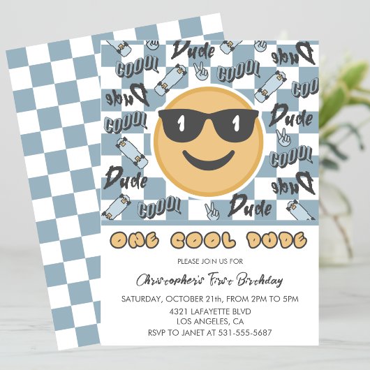 One Cool Dude Verjaardag Uitnodiging Blauw Grijs R