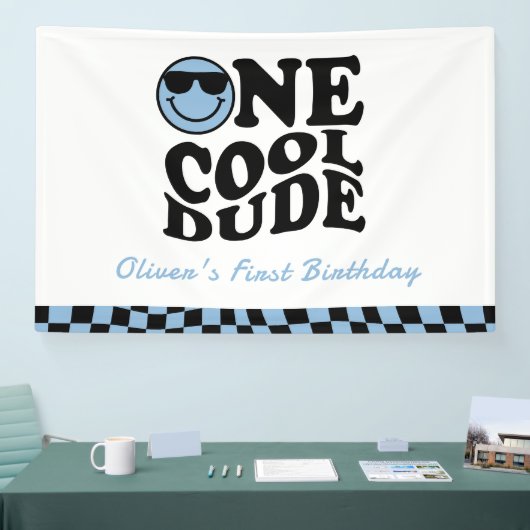 One Cool Dude Wavy Blue Smile Face 1e verjaardag Spandoek (Beurs)