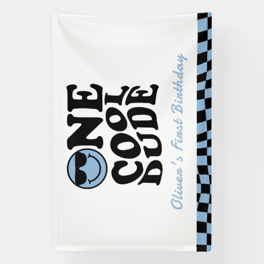 One Cool Dude Wavy Blue Smile Face 1e verjaardag Spandoek (Verticaal)