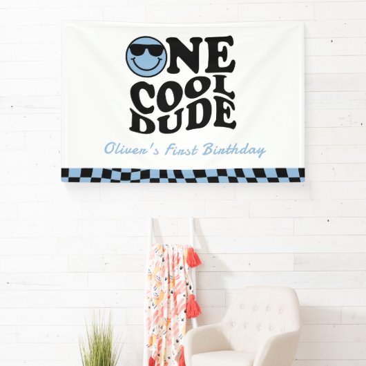 One Cool Dude Wavy Blue Smile Face 1e verjaardag Spandoek (Insitu)