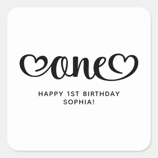 One Cute Hearts Script 1st Birthday Vierkante Sticker (Voorkant)