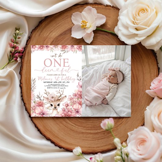 One-deer-ful Photo Birthday Invitation Kaart