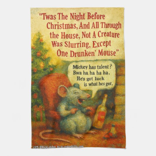 One Drunken' Mouse – Christmas Card Chaos Theedoek (Verticaal)