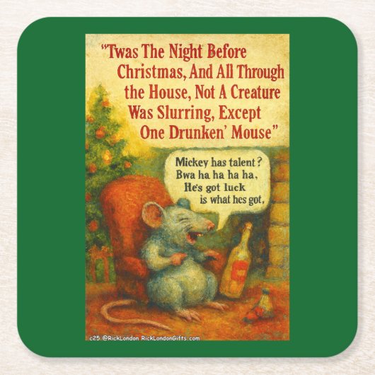 One Drunken' Mouse – Christmas Card Chaos Vierkante Kartonnen Onderzetter (Voorkant)