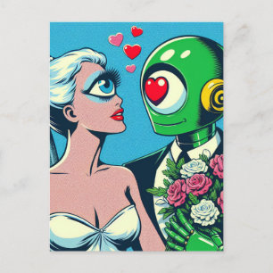 One Eyed Alien Woman en Green Robot zijn verliefd  Briefkaart