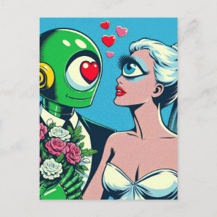 One Eyed Alien Woman en Green Robot zijn verliefd  Briefkaart