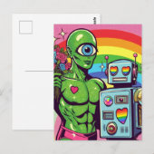 One Eyed Green Alien en een Robot in Liefde Briefkaart (Voorkant / Achterkant)