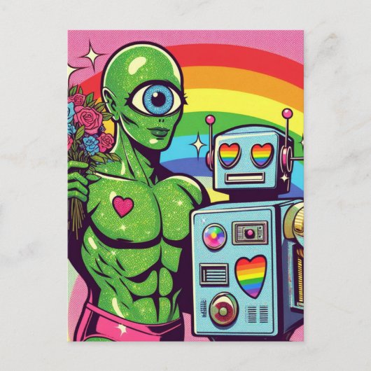 One Eyed Green Alien en een Robot in Liefde Briefkaart (Voorkant)