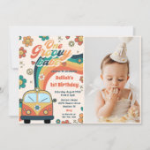 One Groovy Babe Retro Floral 1e Verjaardag Foto Kaart (Voorkant)